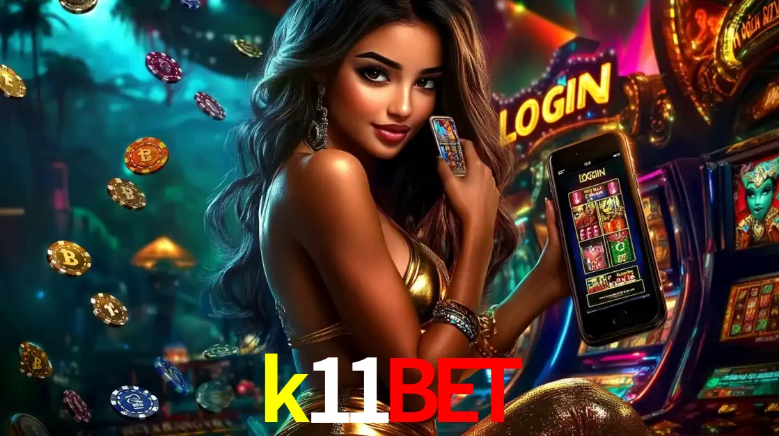 Mulher em um cenário de cassino temático de aventura, mostrando o app de caça-níqueis da k11bet no celular. Fichas de apostas flutuam ao redor.